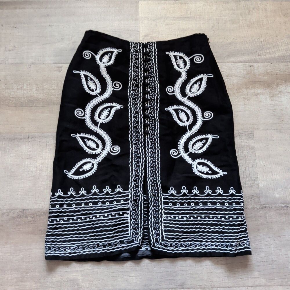 BCBGMAXAZRIA Womens Black Embroidered Linen Blend Knee Length Skirt Slit Size 6